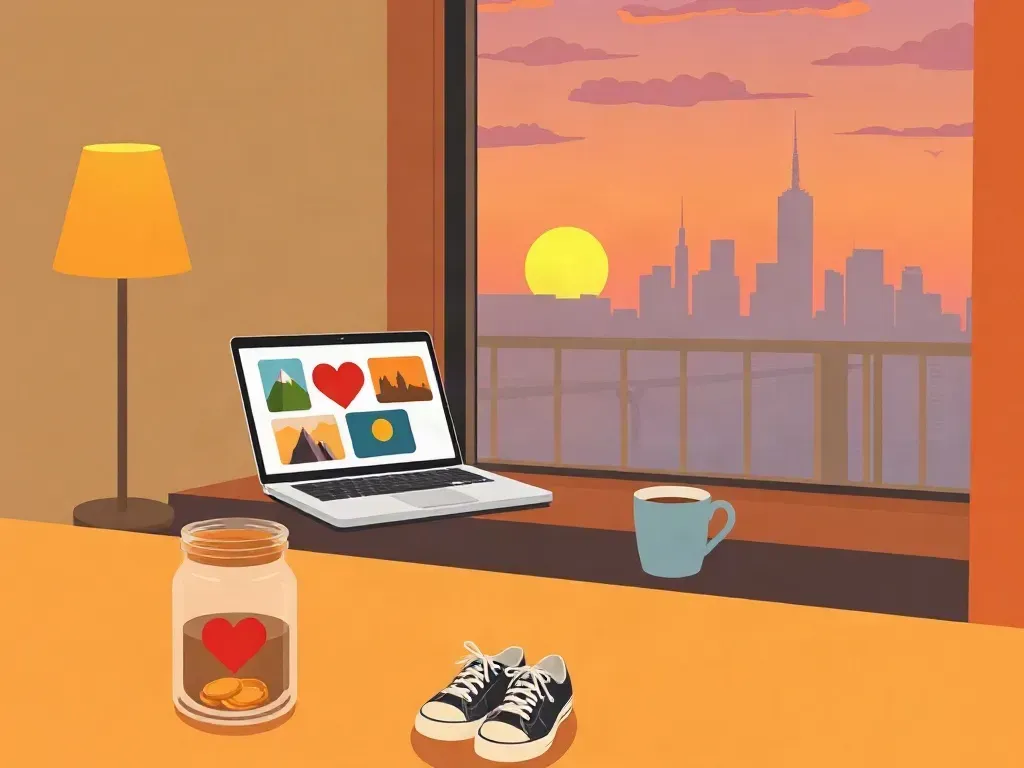 Illustration : un bureau douillet au coucher du soleil, avec un ordinateur portable affichant des cartes illustrées et une cagnotte ornée d'un cœur