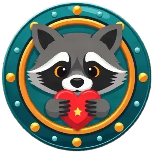 Le badge Soutien SwapTrek : le raton laveur de SwapTrek serrant un cœur rouge dans un anneau turquoise et or