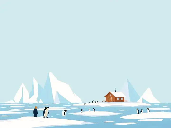 Antarctica WeWard card chapter picture: icebergs and a snowy research hut, penguins on the ice, pale polar sky