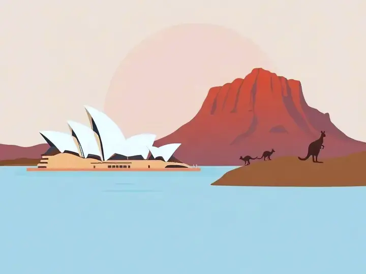 Australia WeWard card chapter picture: Sydney opera house on the harbour, red outback rock and kangaroos