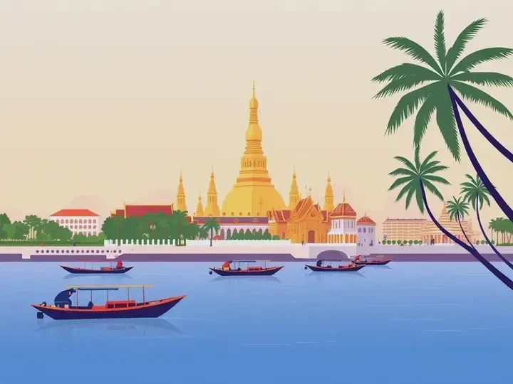 Bangkok WeWard card chapter picture: golden temple spires by a river, long-tail boats, tropical palms