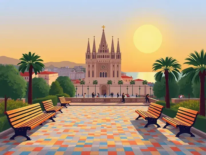 Barcelona WeWard card chapter picture: colourful mosaic park terrace with wavy benches, spires of a grand basilica, Mediterranean sea