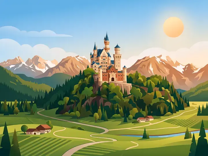 Bavaria WeWard card chapter picture: fairytale castle on a forested hill, alpine peaks, green meadows