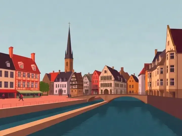 Belgium WeWard card chapter picture: medieval guild houses on a grand square, canal with a stone bridge