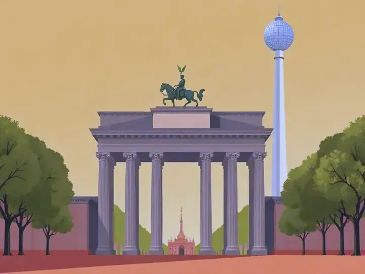 Berlin WeWard card chapter picture: grand columned city gate, TV tower on the skyline, linden trees