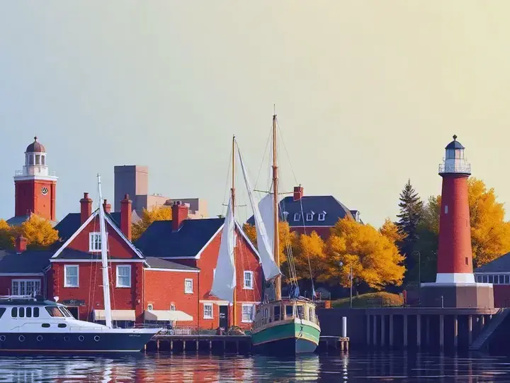 Boston WeWard card chapter picture: red-brick harbour, clipper ship, lighthouse, autumn trees