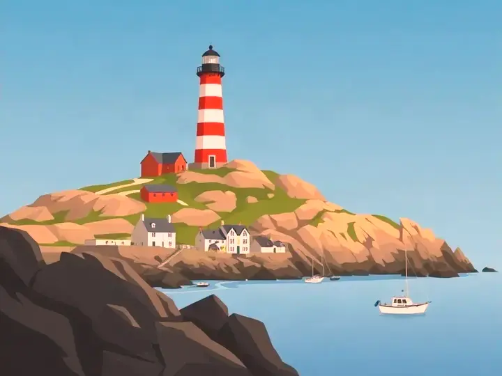 Brittany WeWard card chapter picture: rocky coast with a striped lighthouse, stone cottages, fishing boats