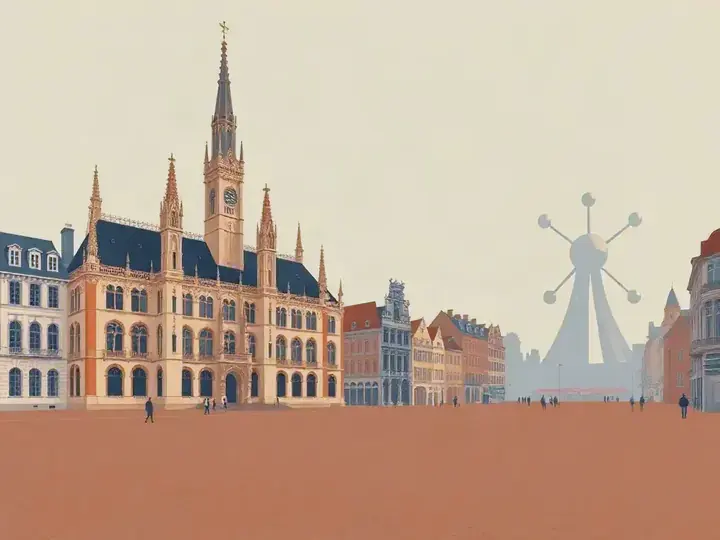 Brussels WeWard card chapter picture: ornate gothic town hall tower on a cobbled square, atom-shaped landmark in the distance
