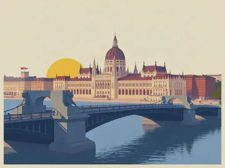 Budapest WeWard card chapter picture: grand domed parliament on the Danube, chain bridge, river at sunset