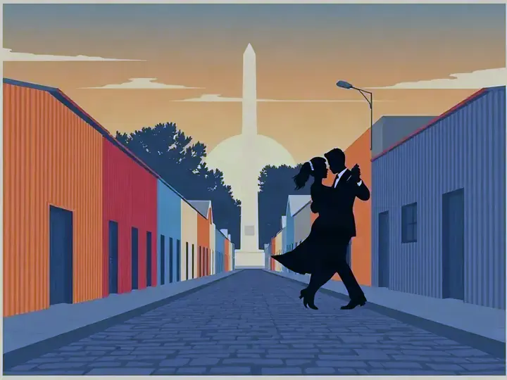 Buenos Aires WeWard card chapter picture: colourful painted houses on a cobbled street, tango dancers silhouette, tall obelisk