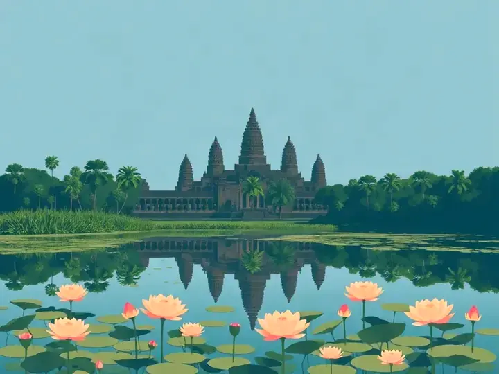 Cambodia WeWard card chapter picture: ancient stone temple towers reflected in a lotus pond, jungle