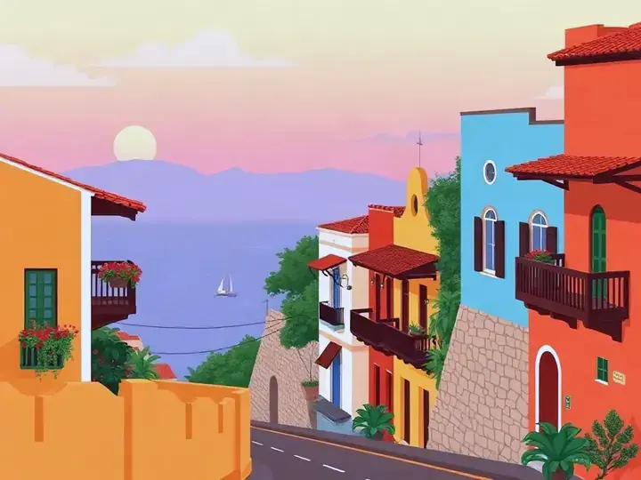 Cartagena WeWard card chapter picture: colourful colonial balconies with flowers, old city walls, Caribbean sea