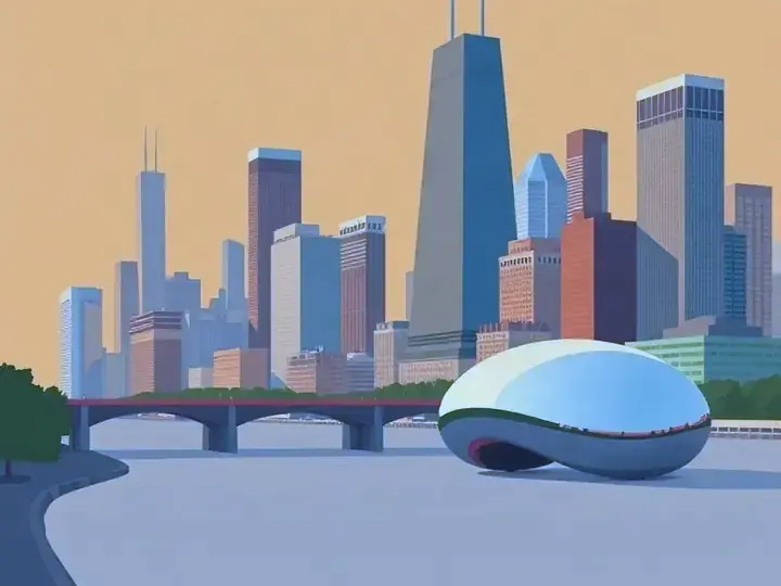 Chicago WeWard card chapter picture: skyscrapers along a river, mirrored bean-shaped sculpture, lake shore