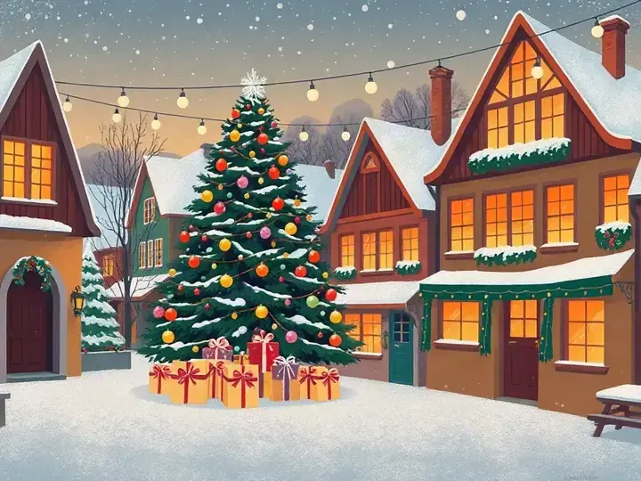 Christmas WeWard card chapter picture: snowy village square with a big decorated tree, lights, gifts, warm windows