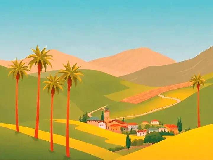 Colombia WeWard card chapter picture: coffee hills with tall wax palms, colourful mountain town