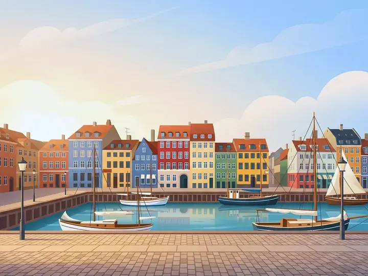 Copenhagen WeWard card chapter picture: colourful harbour houses along a canal, sailing boats, cobbled quay