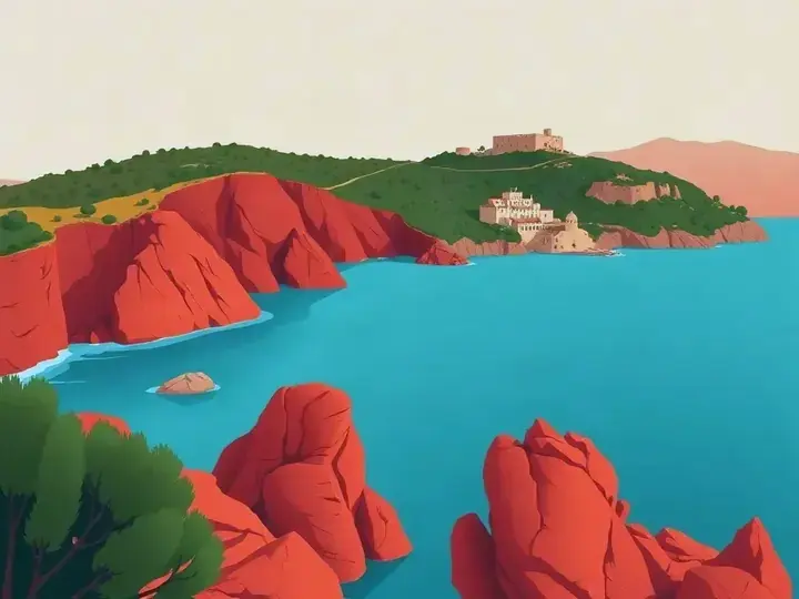 Corsica WeWard card chapter picture: rugged cliffs over turquoise water, hilltop village, maquis shrubs