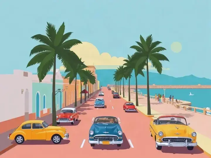 Cuba WeWard card chapter picture: pastel colonial streets, vintage cars, palm trees, seaside promenade