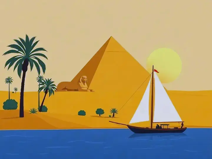 Egypt WeWard card chapter picture: pyramids and a sphinx in the desert, palm oasis, Nile felucca