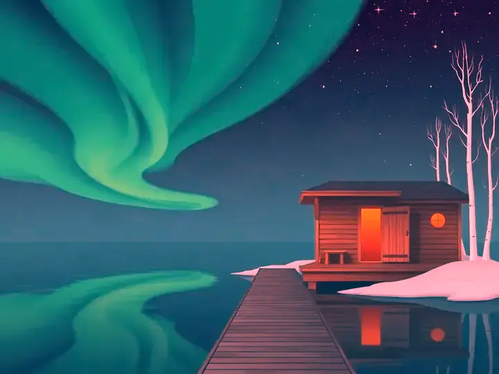 Finland WeWard card chapter picture: lakeside sauna cabin, birch forest, northern lights