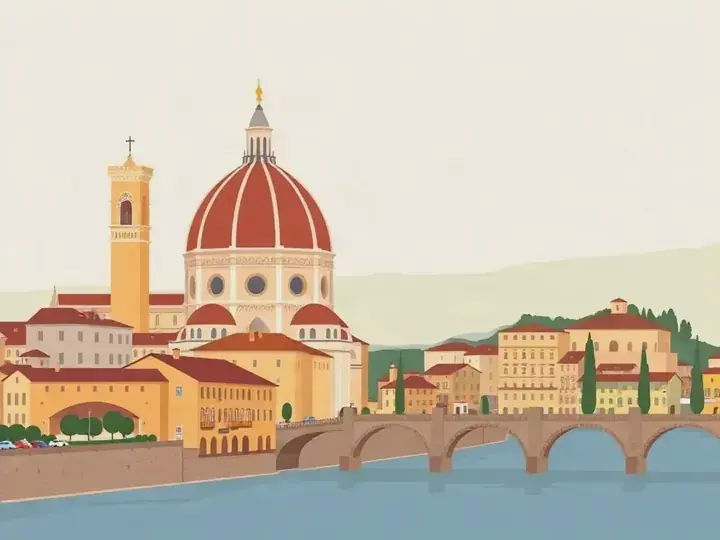 Florence WeWard card chapter picture: great red-tiled cathedral dome, old bridge with shops over a river, Tuscan hills
