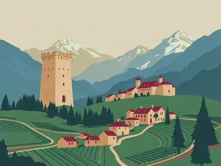 Georgia WeWard card chapter picture: mountain village with stone towers in green Caucasus valleys, vineyards