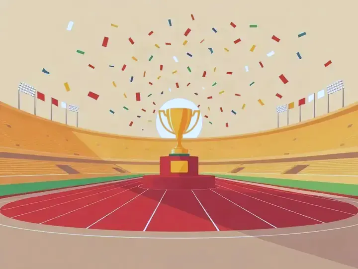 Global Walk Cup WeWard card chapter picture: stadium running track, confetti and a golden cup trophy