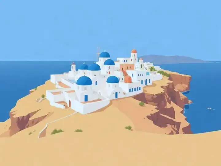 Greece WeWard card chapter picture: white houses with blue domes on a cliff, windmills, Aegean sea