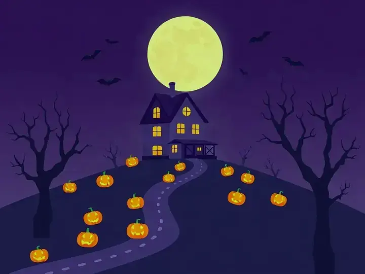 Halloween WeWard card chapter picture: haunted house on a hill, jack-o-lanterns, full moon, bats