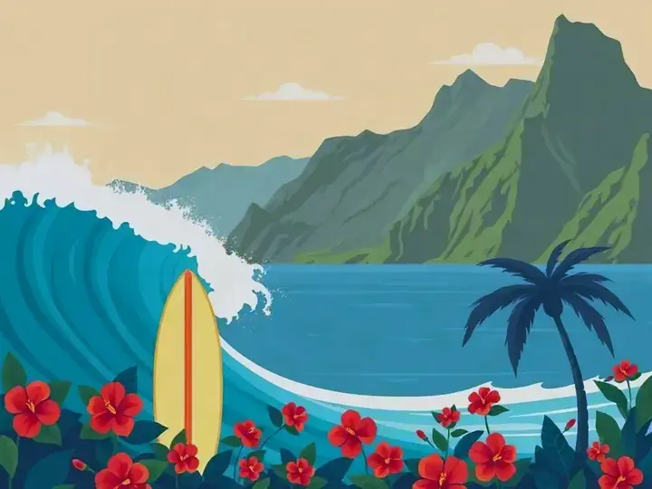 Hawaii WeWard card chapter picture: volcano and lush green cliffs, surfers on waves, hibiscus flowers