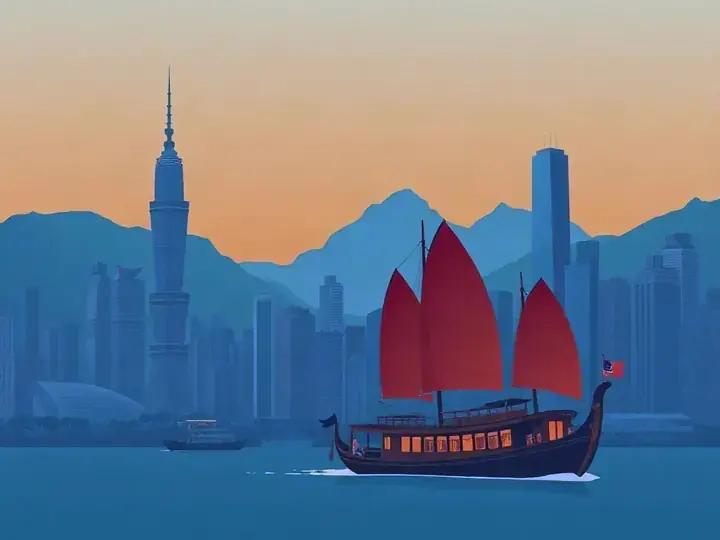 Hong Kong WeWard card chapter picture: skyline over the harbour at dusk with a red-sailed junk boat