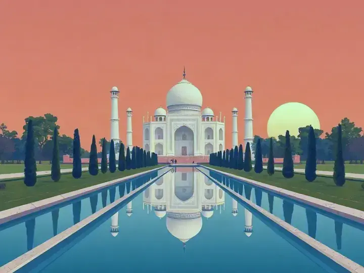 India WeWard card chapter picture: white marble domed monument with gardens, elephants, warm sunset