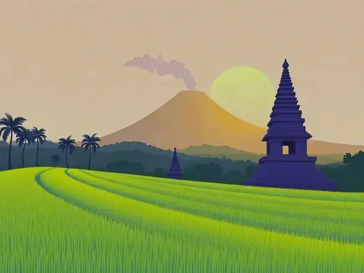 Indonesia WeWard card chapter picture: rice terraces, volcano, ancient stone stupa temple