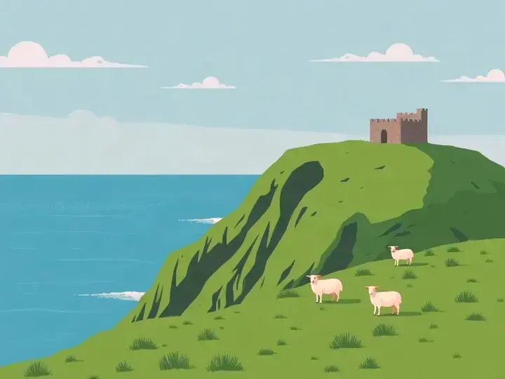 Ireland WeWard card chapter picture: green cliffs above the Atlantic, stone castle ruin, sheep