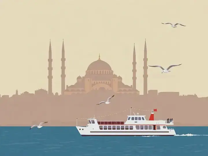 Istanbul WeWard card chapter picture: great mosque domes and minarets over the Bosphorus, ferry, gulls