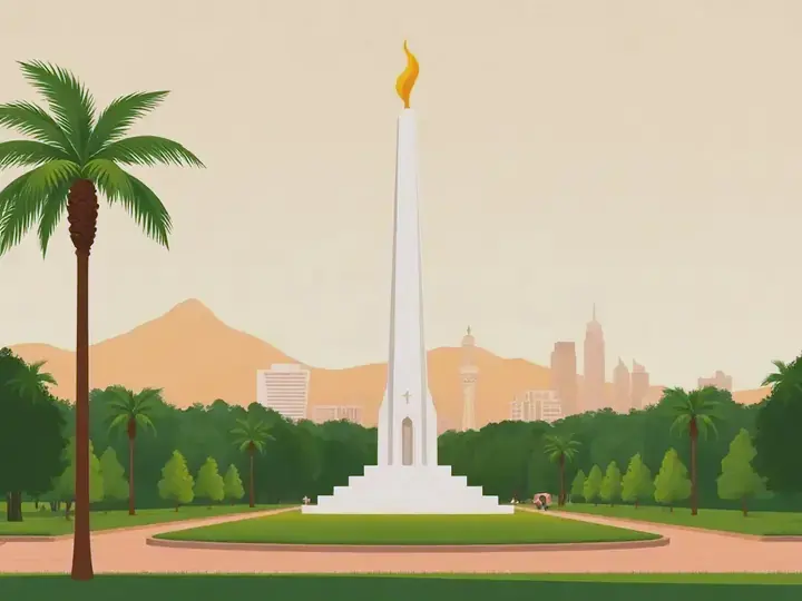 Jakarta WeWard card chapter picture: national monument tower with golden flame, busy city, tropical sky