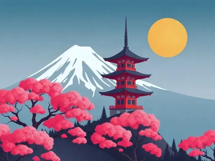 Japan WeWard card chapter picture: snow-capped Mount Fuji, five-storey pagoda, cherry blossoms