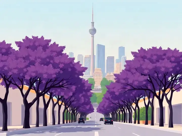 Johannesburg WeWard card chapter picture: city skyline with a tall tower, jacaranda trees in purple bloom