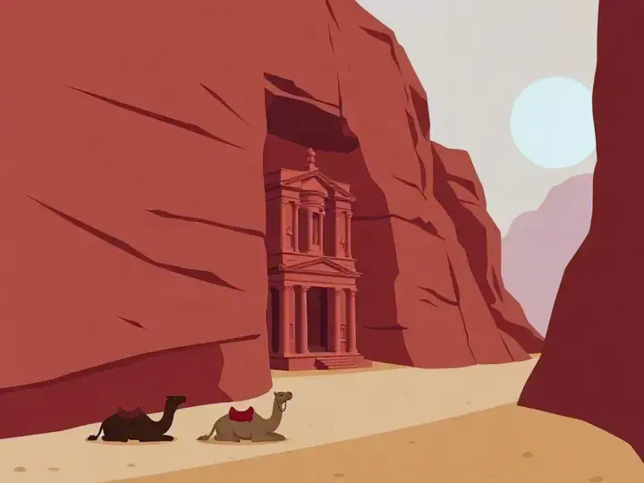 Jordan WeWard card chapter picture: rose-red rock-cut temple facade in a canyon, camels, desert