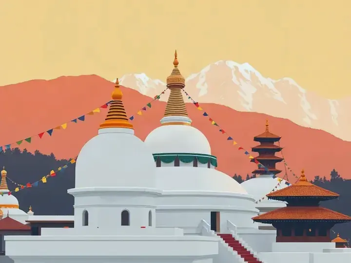 Kathmandu WeWard card chapter picture: Himalayan peaks, stupa with prayer flags, temple roofs