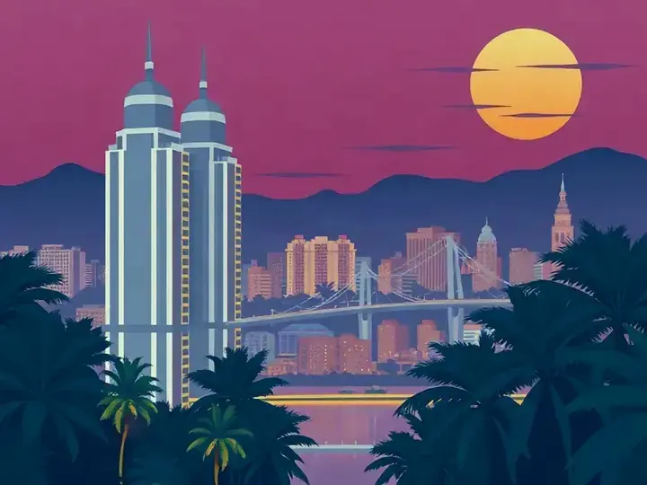 Kuala Lumpur WeWard card chapter picture: twin skyscraper towers, tropical greenery, evening lights