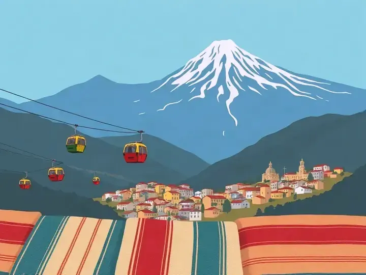 La Paz WeWard card chapter picture: cable cars over a mountain city, snowy Andes peak, colourful blankets
