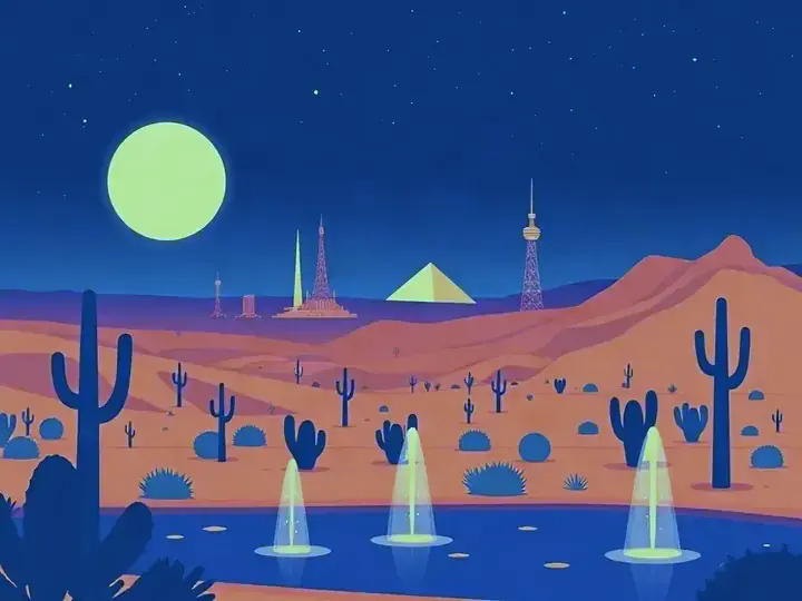 Las Vegas WeWard card chapter picture: glowing resort towers and dancing fountains in the desert at night