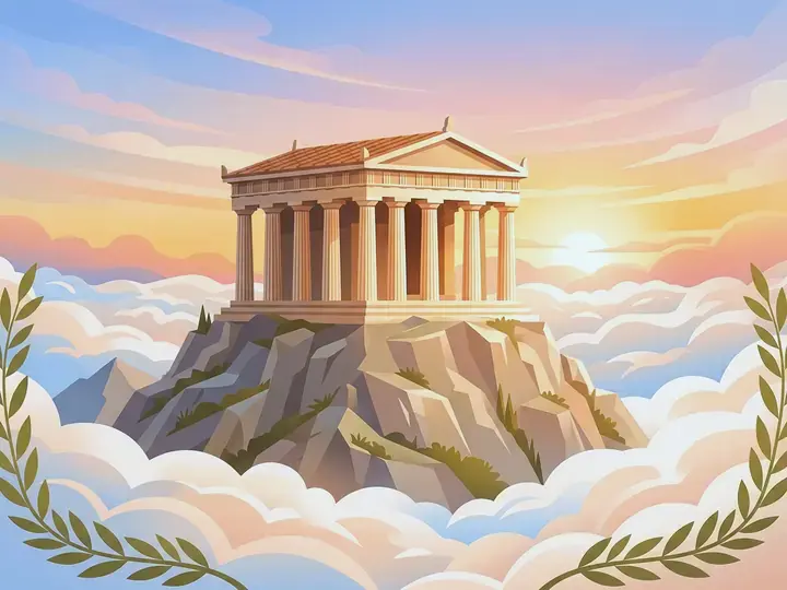 Legends of Olympus WeWard card chapter picture: Greek temple with columns on a mountaintop, clouds, golden sunrise, laurel