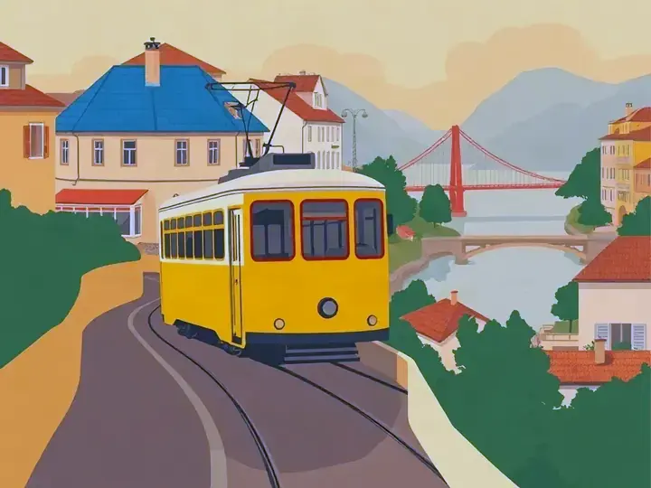 Lisbon WeWard card chapter picture: yellow tram on a steep hill, tiled houses, river with a red suspension bridge