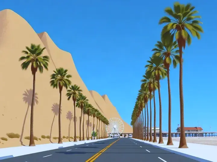 Los Angeles WeWard card chapter picture: palm-lined boulevard, golden hills and a beach pier with a ferris wheel