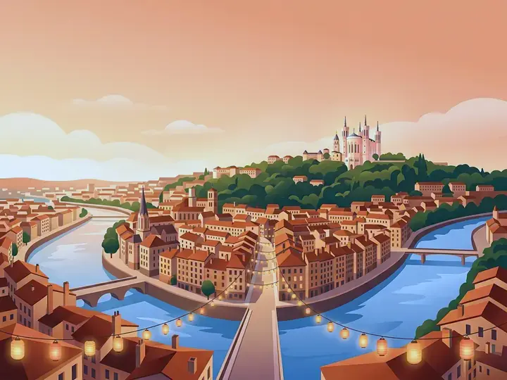 Lyon WeWard card chapter picture: old town roofs by two rivers, hilltop basilica, silk-lantern festival lights