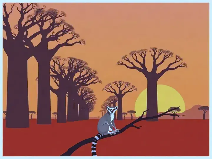 Madagascar WeWard card chapter picture: avenue of baobab trees at sunset, lemur, red earth