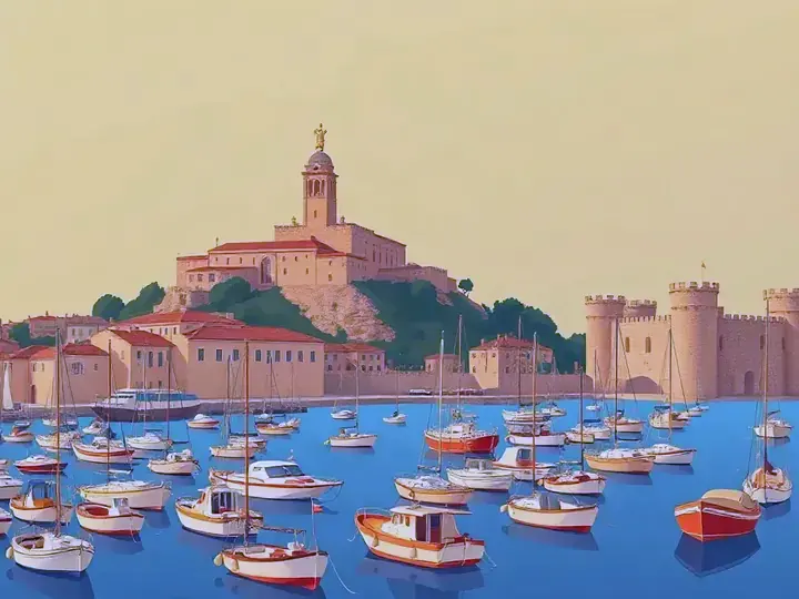 Marseille WeWard card chapter picture: old port with fishing boats, hilltop basilica, Mediterranean light