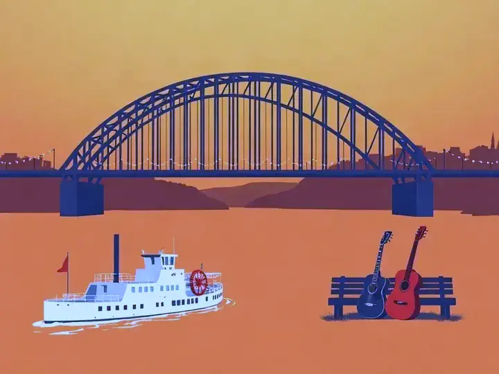 Memphis WeWard card chapter picture: river bridge at sunset, a paddle steamboat and guitars on a bench